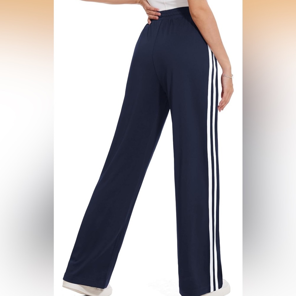 NAVY BLUE Wide-Leg Track Pants with White Side Stripes - Picture 3 of 5